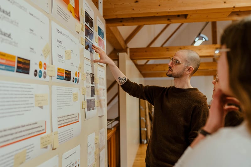 Discussion in front of a wall of design drafts for hand.gemacht
